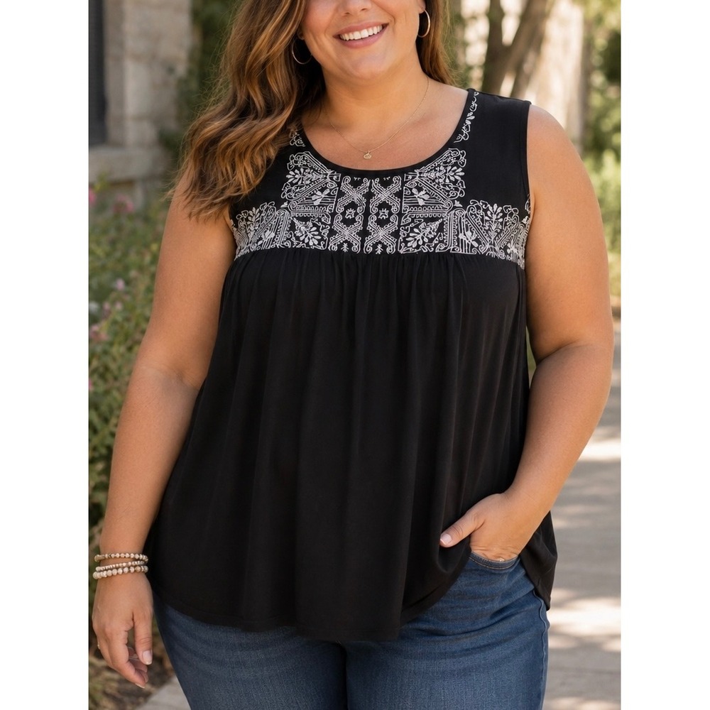 Adrianna Papell Womens Blouse Black Plus 3X Embroidered Yoke Sleeveless Boho Top